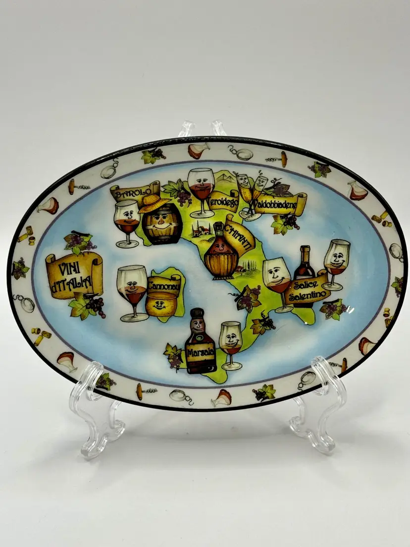 Vintage Italian Wine Map Themed Ceramic Oval Platter, Colorful Vineyard & Drink Motif, Collectible Kitchen Decor, By Vinci D’Italia, Made In Italy