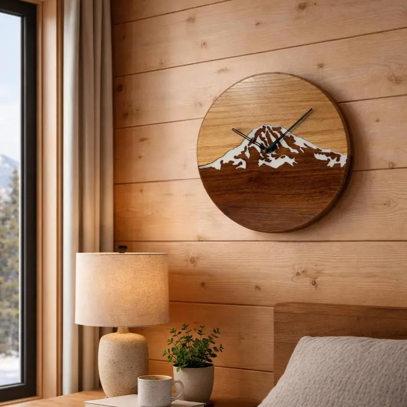 Walnut & Maple Mt. Rainier Wall Clock with White Resin Inlay