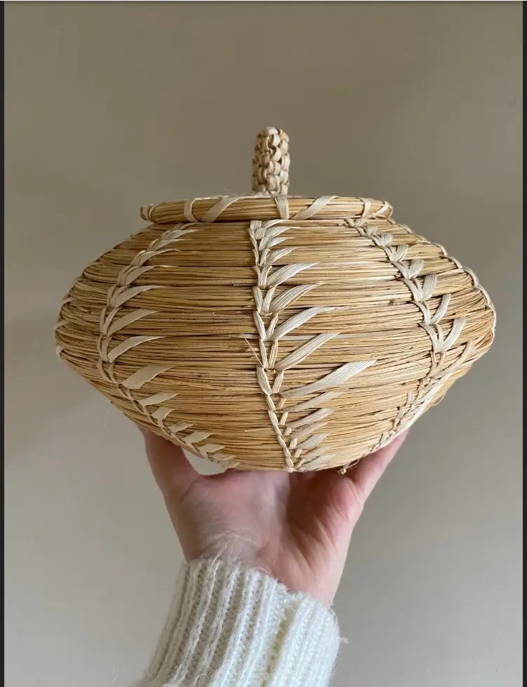 Vintage Tohono O’Odham Hand Woven Basket With Lid.  Beautiful Artist Made Coiled Basket At 8.5” Diameter.  Basket Art.  