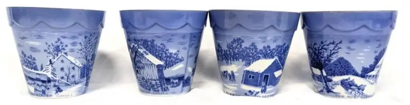 Vintage Currier & Ives Japan Blue & White "The Farmer's Home Winter" Pots