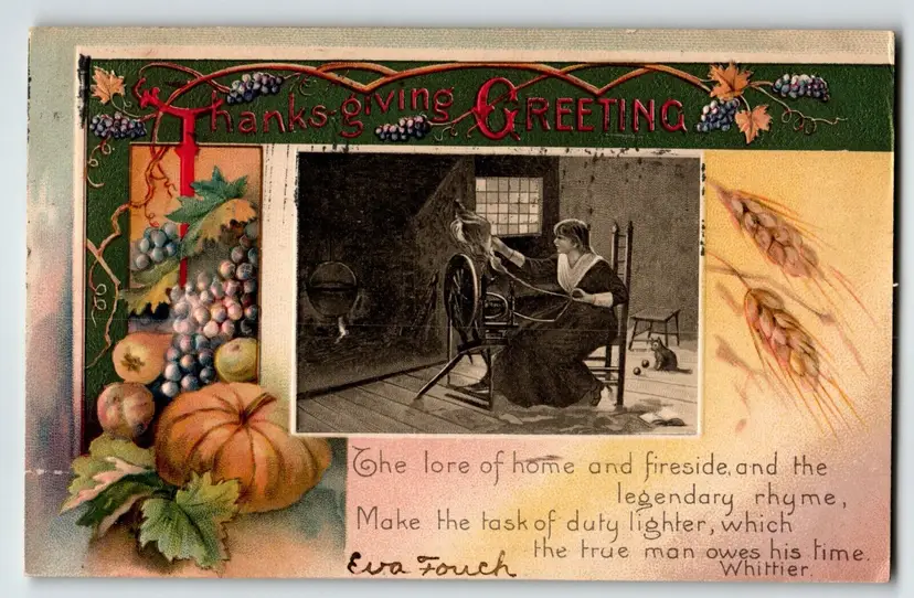 Thanksgiving Day Postcard Women At Spinning Wheel Cat Winsch Back 1909 Germany
