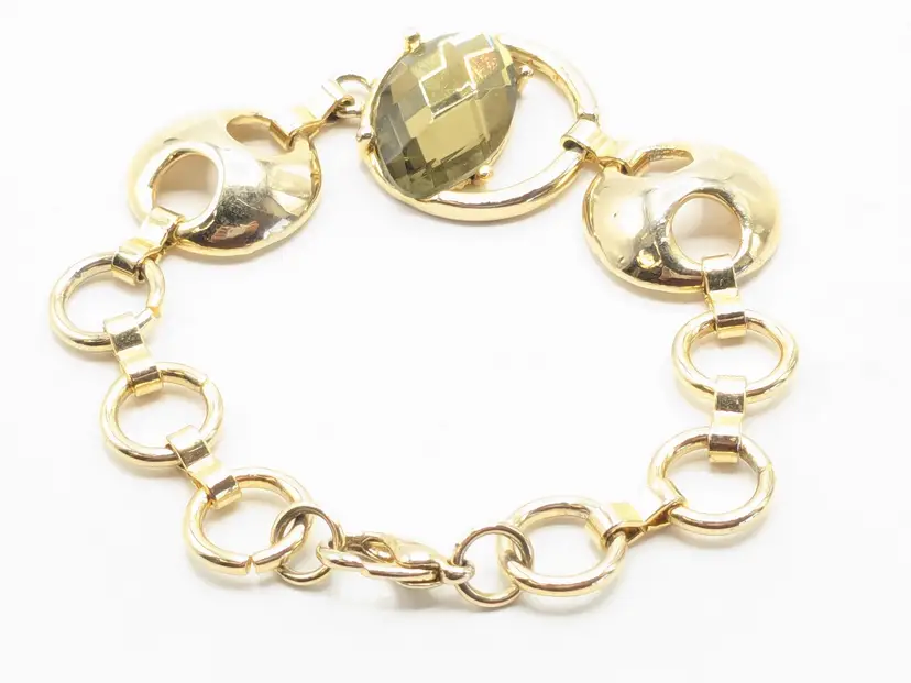 Faceted Green/Yellow Glass Gem Link Bracelet Gold Tone