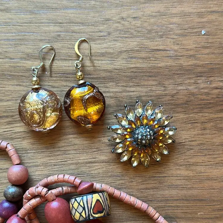 Lot Of 3 Sunflower, Pin, Autumn Colored Earrings Necklace