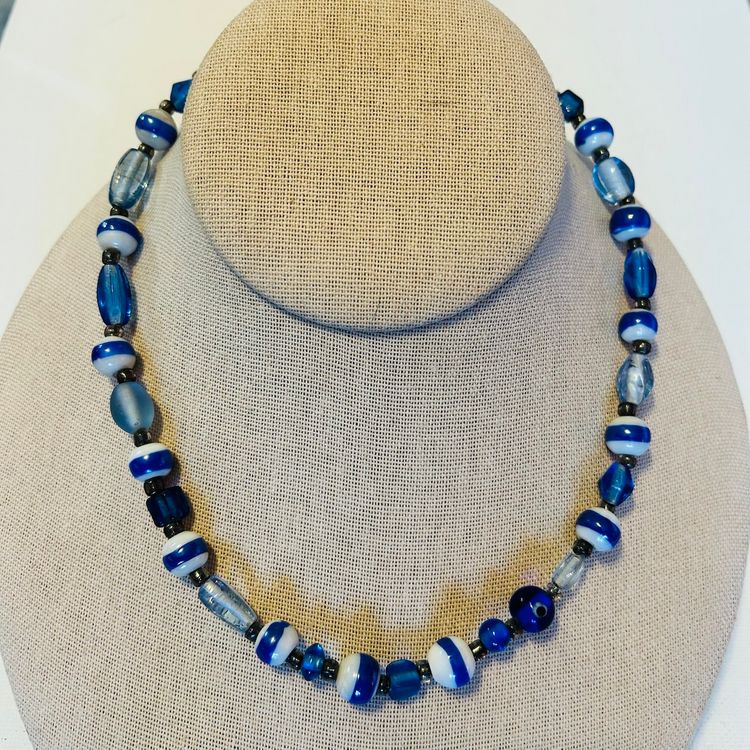 Vintage Cobalt, Blue Glass Bead 16” Necklace Spring Ring Clasp