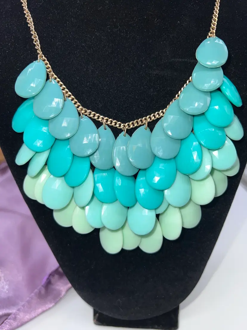 Dinah 20” Ombré Bib Necklace Mint To Turquoise Layered Gold Tone