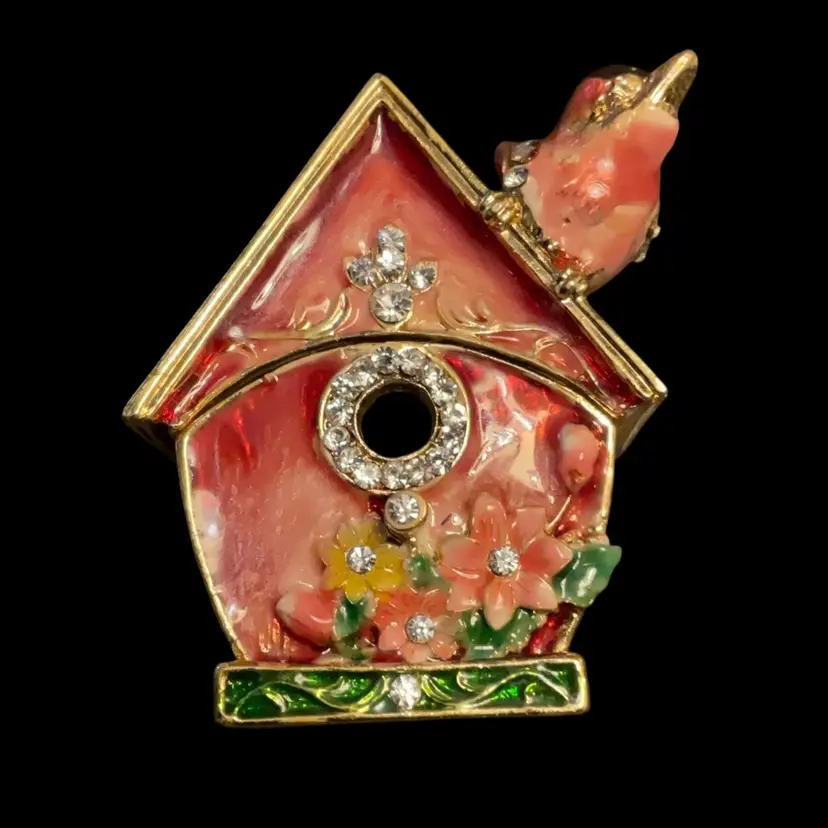 Ciel Bird House Trinket Box Enamel w/Austrian Crystals 2”x 1.75”