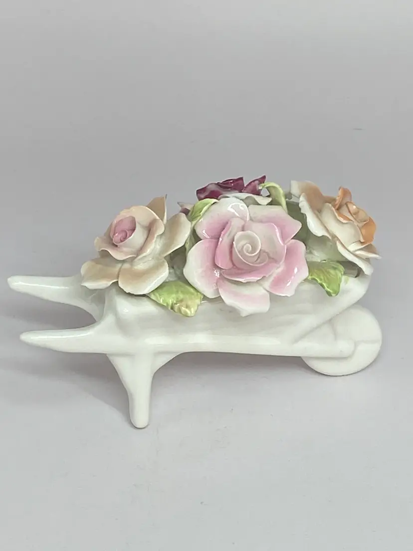 Royal Stratford Hand Crafted Fine Bone Chine Wheelbarrow of Flowers, 4.5"