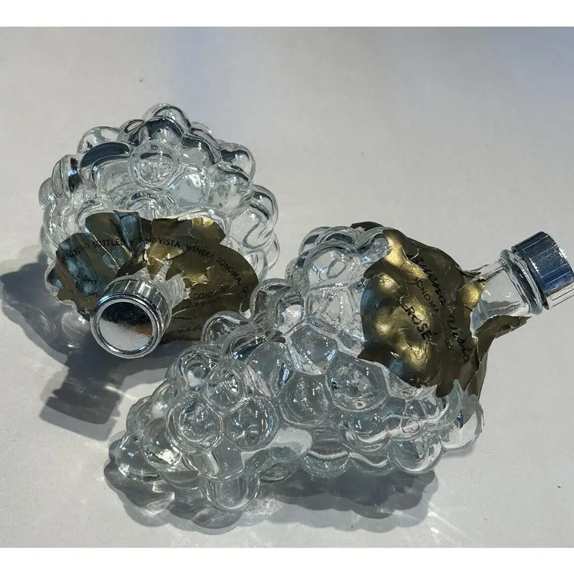 Vintage Pair Grape Cluster Clear Glass Bottle Wine Decanters Made In France