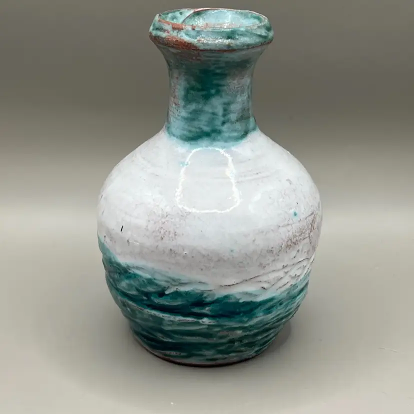 Green And White Terracotta Pottery Vase Signed 5”
