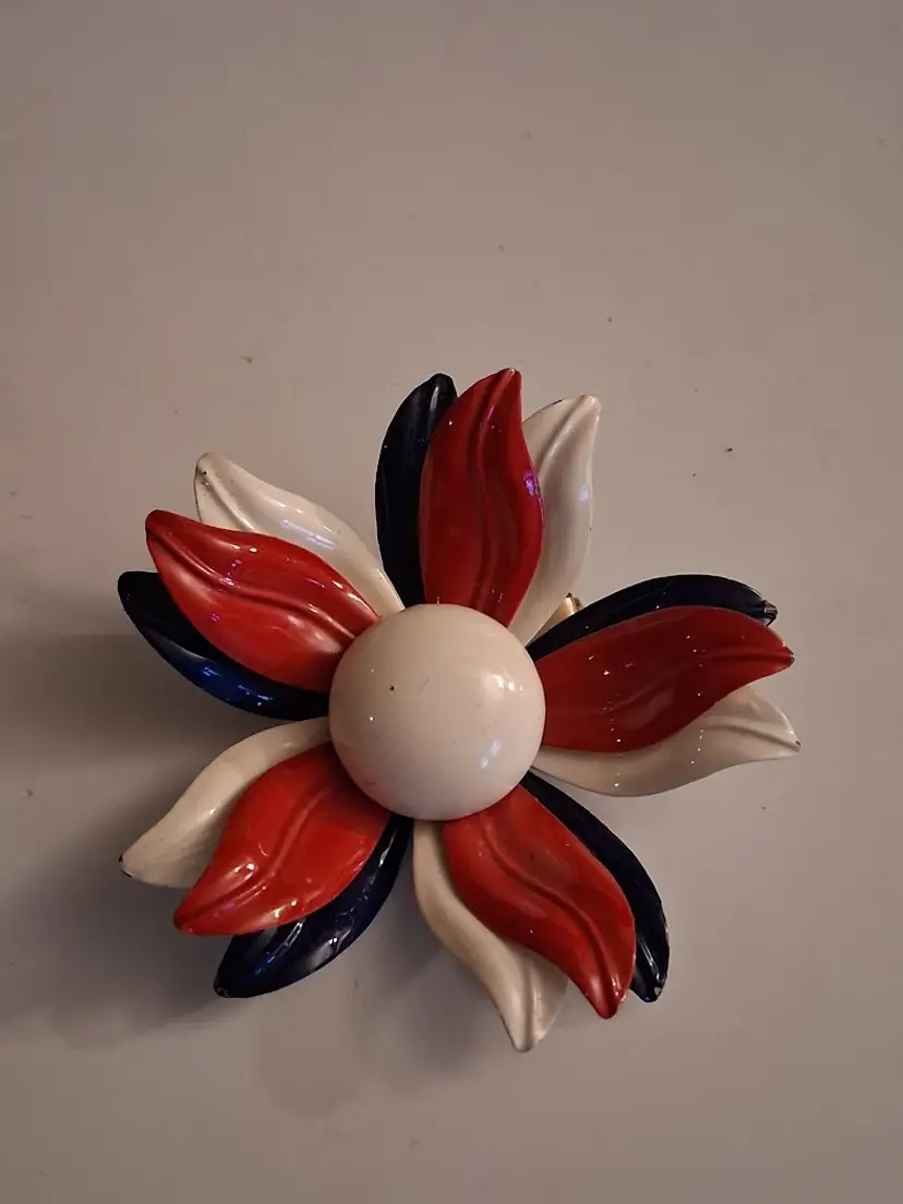 Vintage Red, White & Blue Enameled Flower Brooch