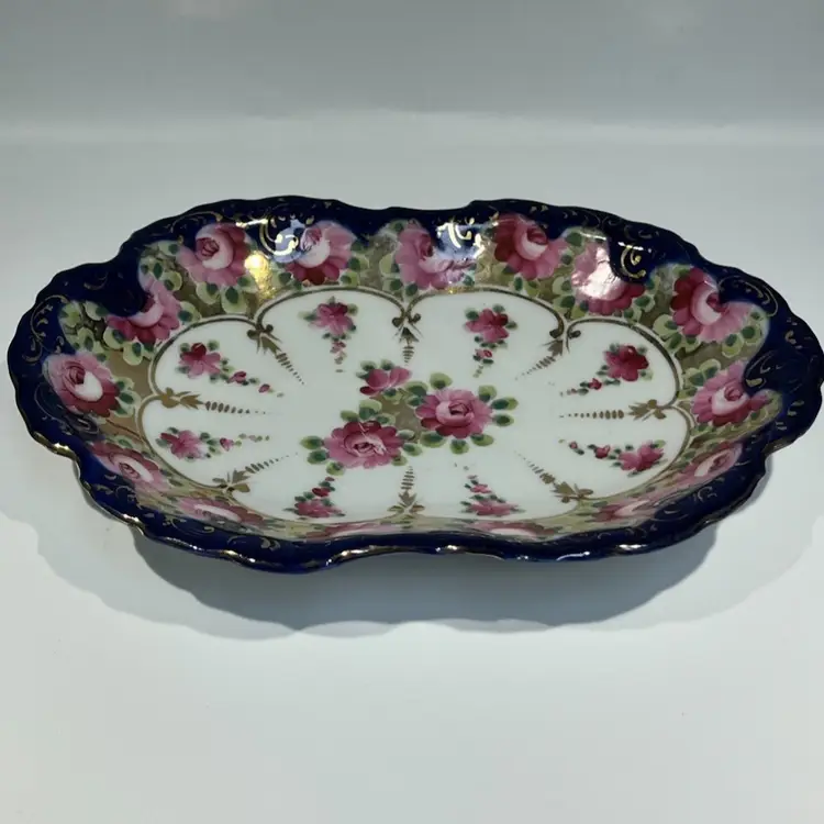 Vintage Kutani -Porcelain Serving Platter/Dish – Hand-Painted Roses- Cobalt & Gold- 9” x 6.5”