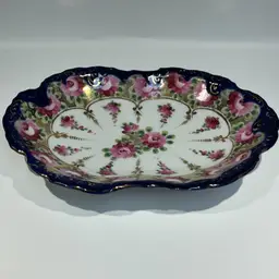 Vintage Kutani -Porcelain Serving Platter/Dish – Hand-Painted Roses- Cobalt & Gold- 9” x 6.5”