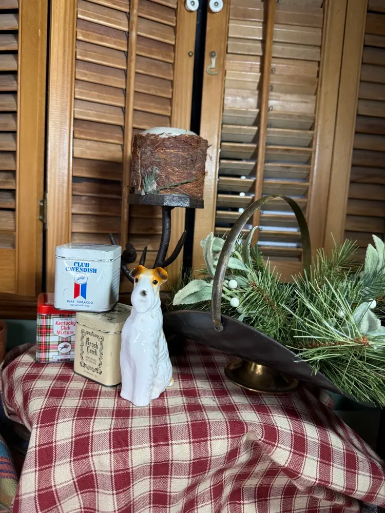 Cabin In The Woods Vintage mini Tobacco Tins, Coal Scuttle,  Bird Pillar Candle Wrought Iron, Porcelain Dog