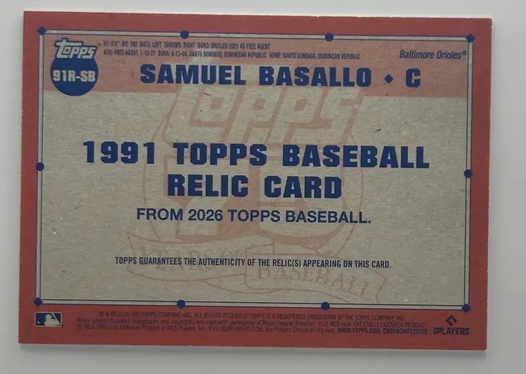 Samuel Basallo Orioles RC Patch