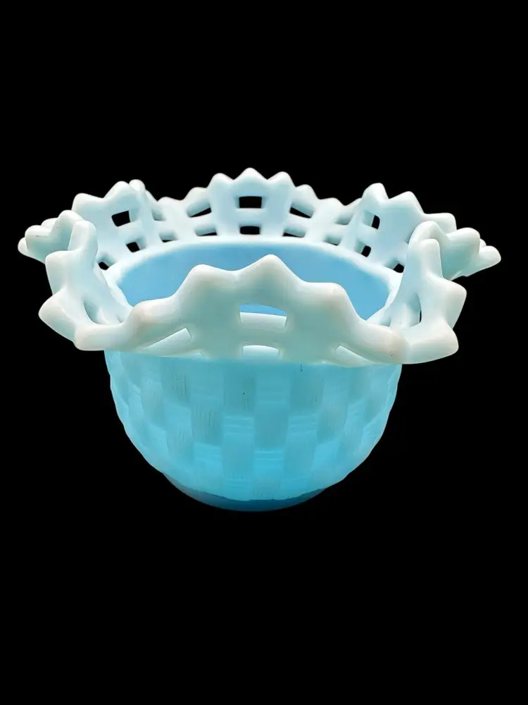 Vintage Fenton Blue Satin Basketweave Opaque Glass Bowl Candy Dish