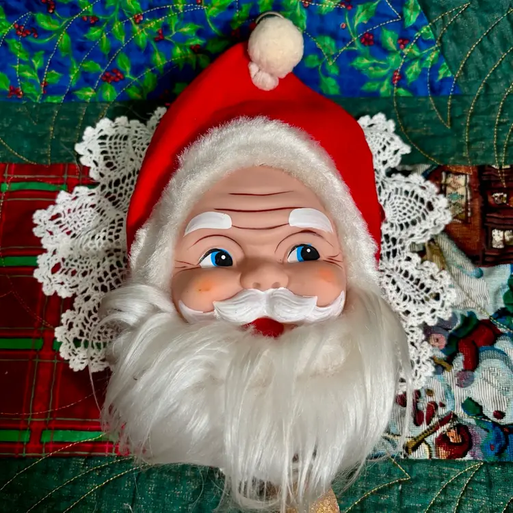 Vtg Musical Hanging Santa Head Rubber Face Felt Jingle Bells