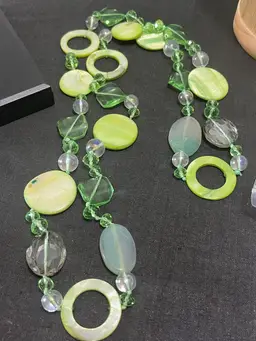 Gorgeous Green Dyed Shell And Glass Necklace 38”