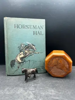 Vignette #1 Vintage Copy Of Horseman Hal Written And Illustrated By Sanford Tousey Along With A Bronze Miniature Horse/Pony With Saddle Figurine Marked Made In Japan. Also Included Is A Beautiful Wooden Tinker Box With A Horse Head Carved/laser Etched On The Top Lined With Blue Velvet 
The Book Shows To Be A Pre-Bound Edition, Hardcover Doubleday Publishing Copyright 1950 
Some Pages Have Writing Or School Stamps As It Was A Discarded Library Book Last Checked Out In 1980 
Illustrations Are Bright And Colorful.