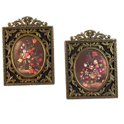 Vintage Italian Floral Still Life Art Framed Print Pair Ornate Brass Velvet 5.5"