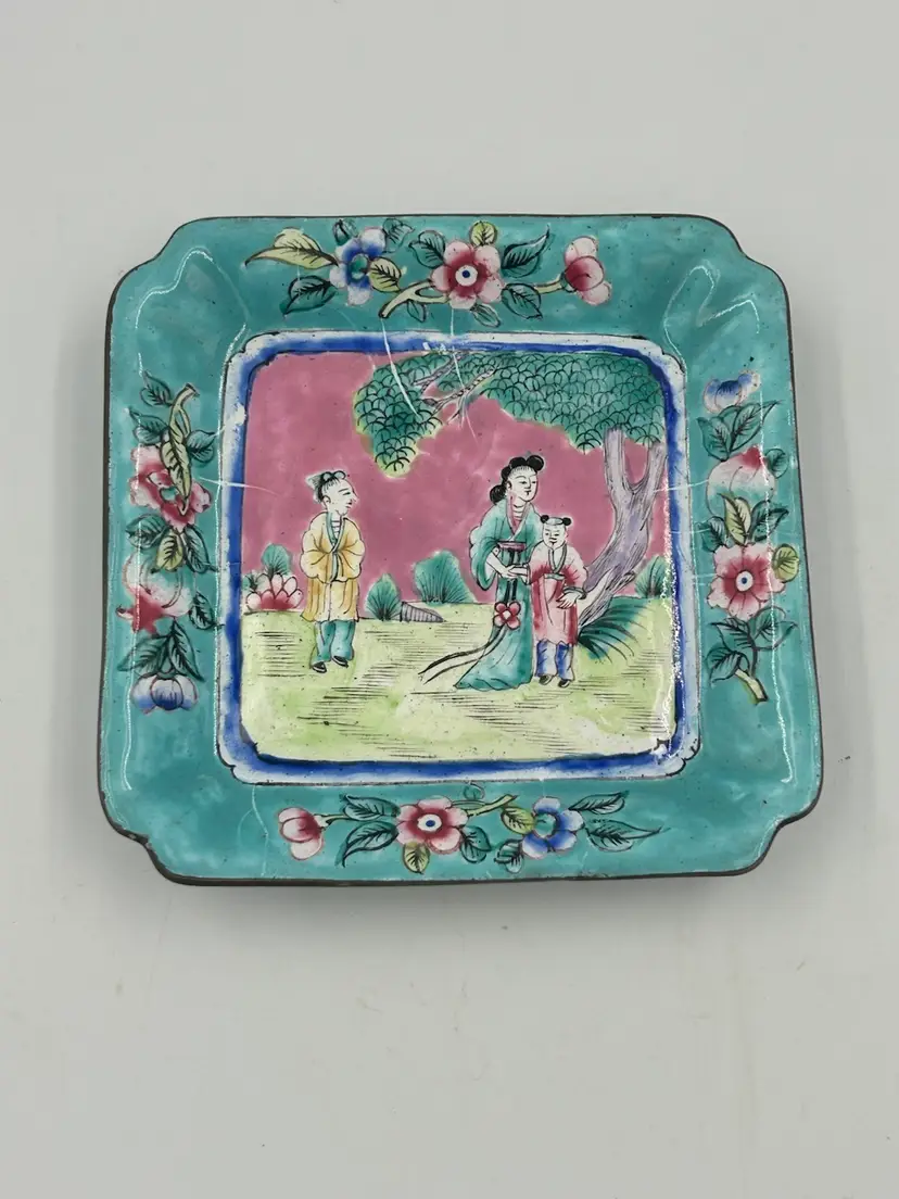Vintage Chinese Enamel On Copper Trinket Dish Turquoise & Pink Florals & Asian Figures
