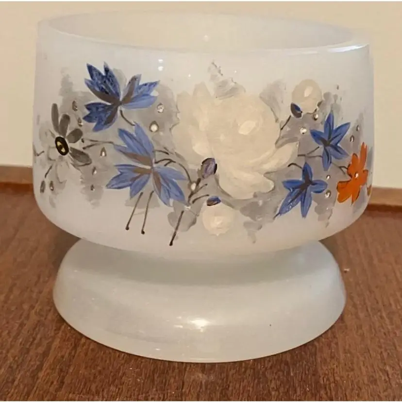 Antique Bristol White Glass Hand Painted Flowers Gold Enamel Pedestal Cup/Vase