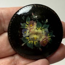 Vintage Russian Lacquer Wood Brooch Pin Folk Art Miniature Round Pink Floral Signed
