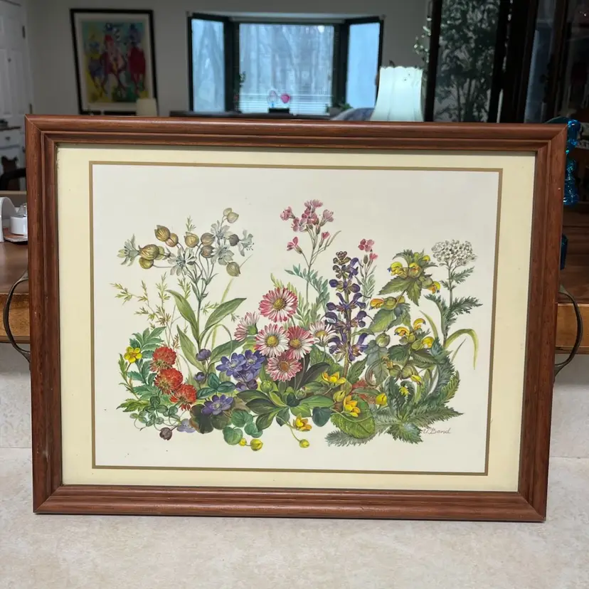 Vintage- Pimpernel Botanical- Floral-Handled Serving Tray- Wall Art-  Signed U.Band- 17” x12.5”