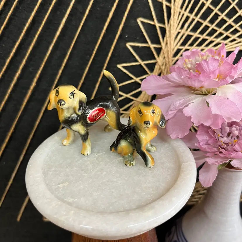 Set Of Two Bone China Beagle Miniature Figurines, Bone China Dog Miniature Figurines