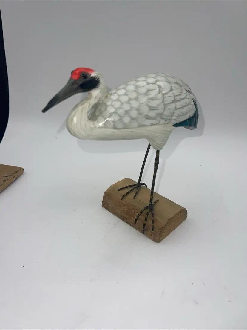 Hand Painted Red-Crowned Crane Bird On Wood Figurine Carved Nature 6.25”