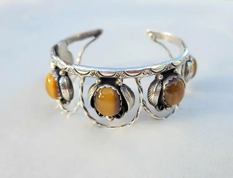 Vtg Native American Sterling Silver Tigers Eye Leaves Huge Cuff Bracelet - 34.6g