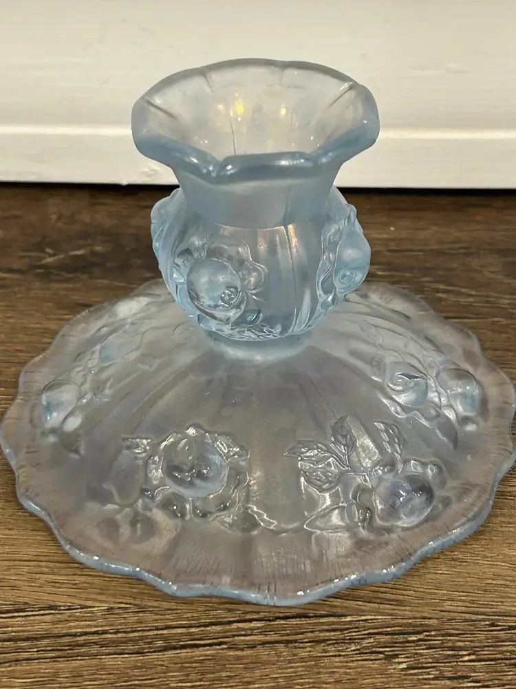 Fenton Vintage Irridesent Powder Dusty Blue Roses Candlestick Holders Set of 2