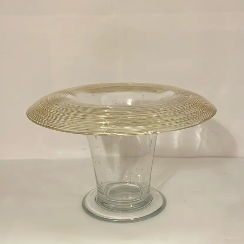 #530 Gold Threaded Rim Art Glass Controlled Bubble Trumpet Vase/bowl