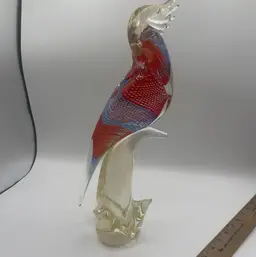 Art Glass Cockatoo 15 Inches Reds Blues Gold Flakes Read