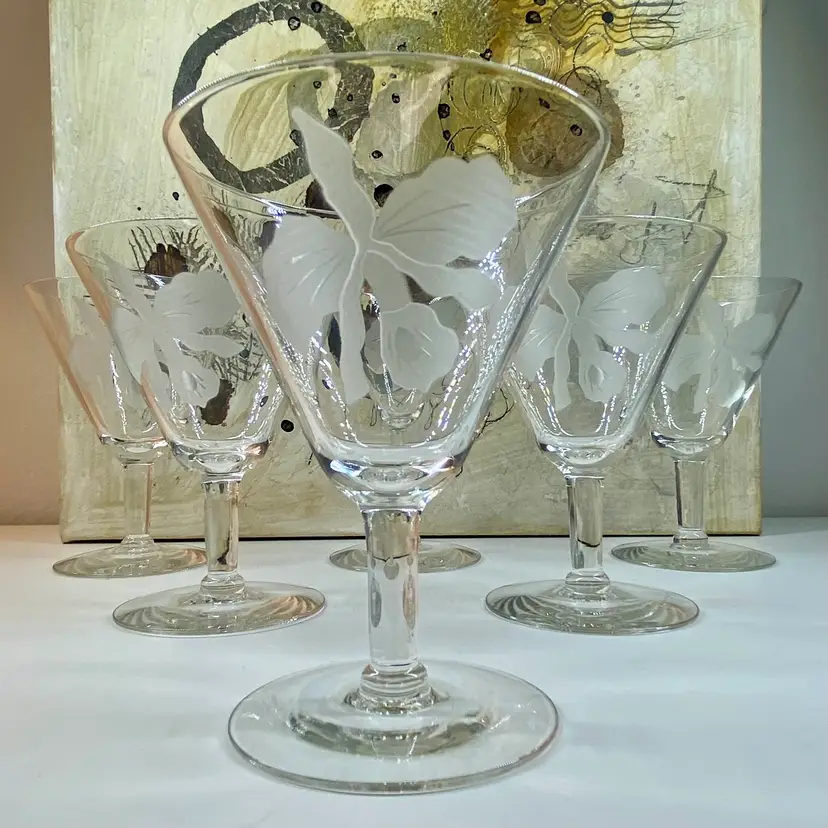 Set/6 DOROTHY THORPE Style DAFFODIL MARTINI/GIMLET Glasses Iris/Orchid VTG Barware Floral Drinkware