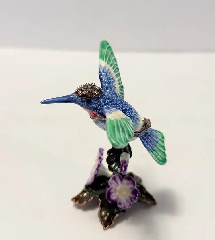 Jere Luxury Giftware, Bejeweled HUEY Hummingbird & Petunia Trinket Box with Matc