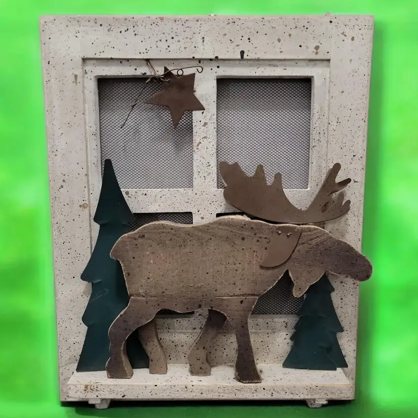 Charming Moose Outside Your Window Holiday Christmas Wood Base Mount Screen Panels Metal Trees