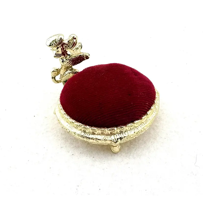 Vintage Poodle Pincushion Gold Tone And Red 1.75” Tall x 2” Wide
