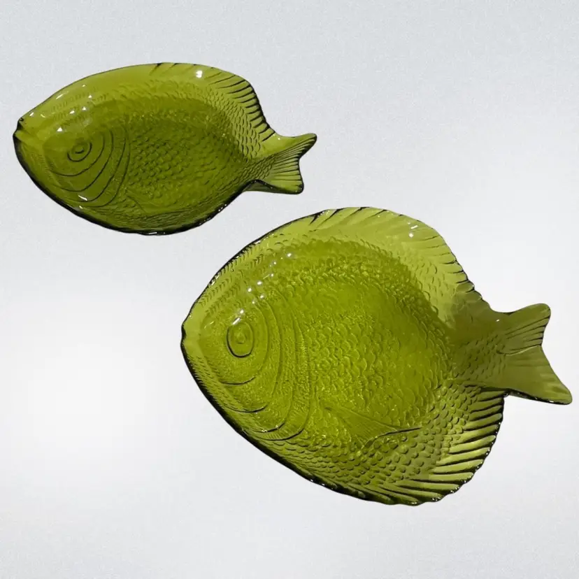 Pair of Pressed Avocado Green Glass Vintage Fish Plates-