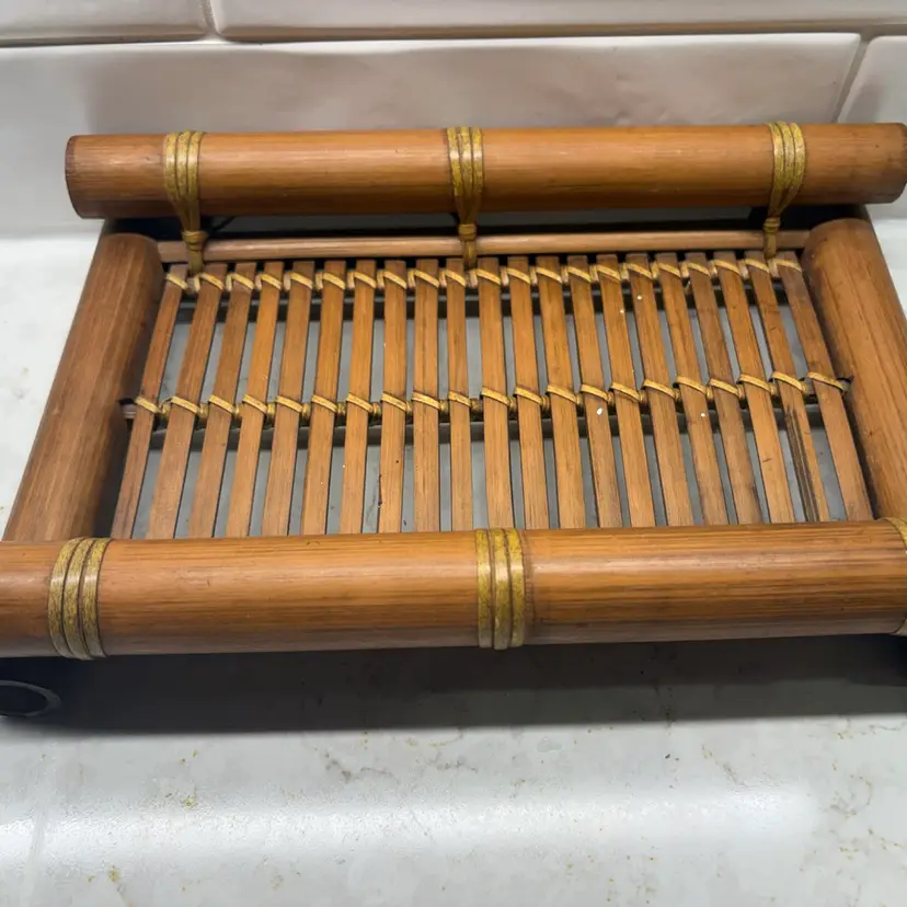 Vintage Bamboo Tiki Tray – Small Rattan Slat Serving MCM Polynesian Bar
