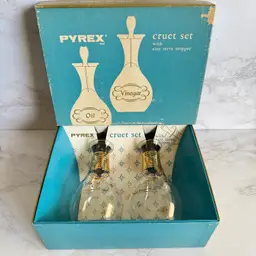 Vintage MCM Pyrex Oil & Vinegar Cruet Set in Original Box Appears Unused