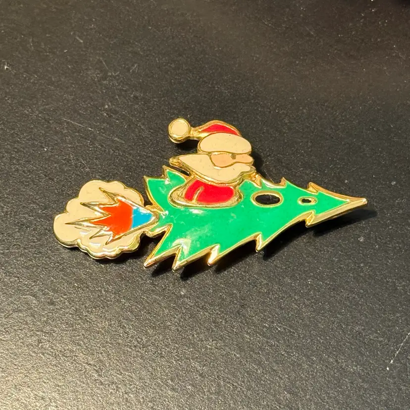 Vintage Signed Edgar Berebi Santa Claus Christmas Tree Rocket Gold-tone Brooch **UV GLOW** (KK)