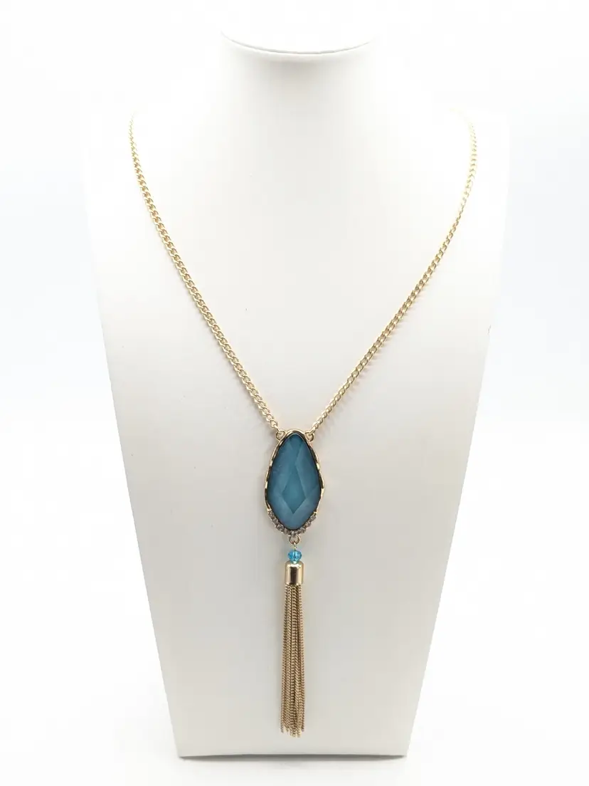 Gold Tone Faceted Blue Glass Gem with Fringe Pendant Necklace