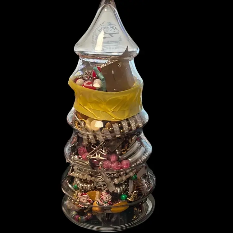 Christmas Special: Jewelry Jar, 2pc Christmas Tree, Filled With Vintage And Modern Wearable Jewelry. Earrings, Bracelets, Necklaces, Pins, 3.36 Pounds. Jar Is Taped Closed To Hold As Much Jewelry As Possible… Great Gifting Pieces