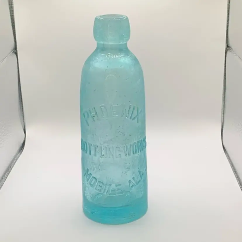 Phoenix Bottling Works, Mobile, Ala, Crown Top Blue Bottle, 7” x 2 1/2” x 1 1/4”
