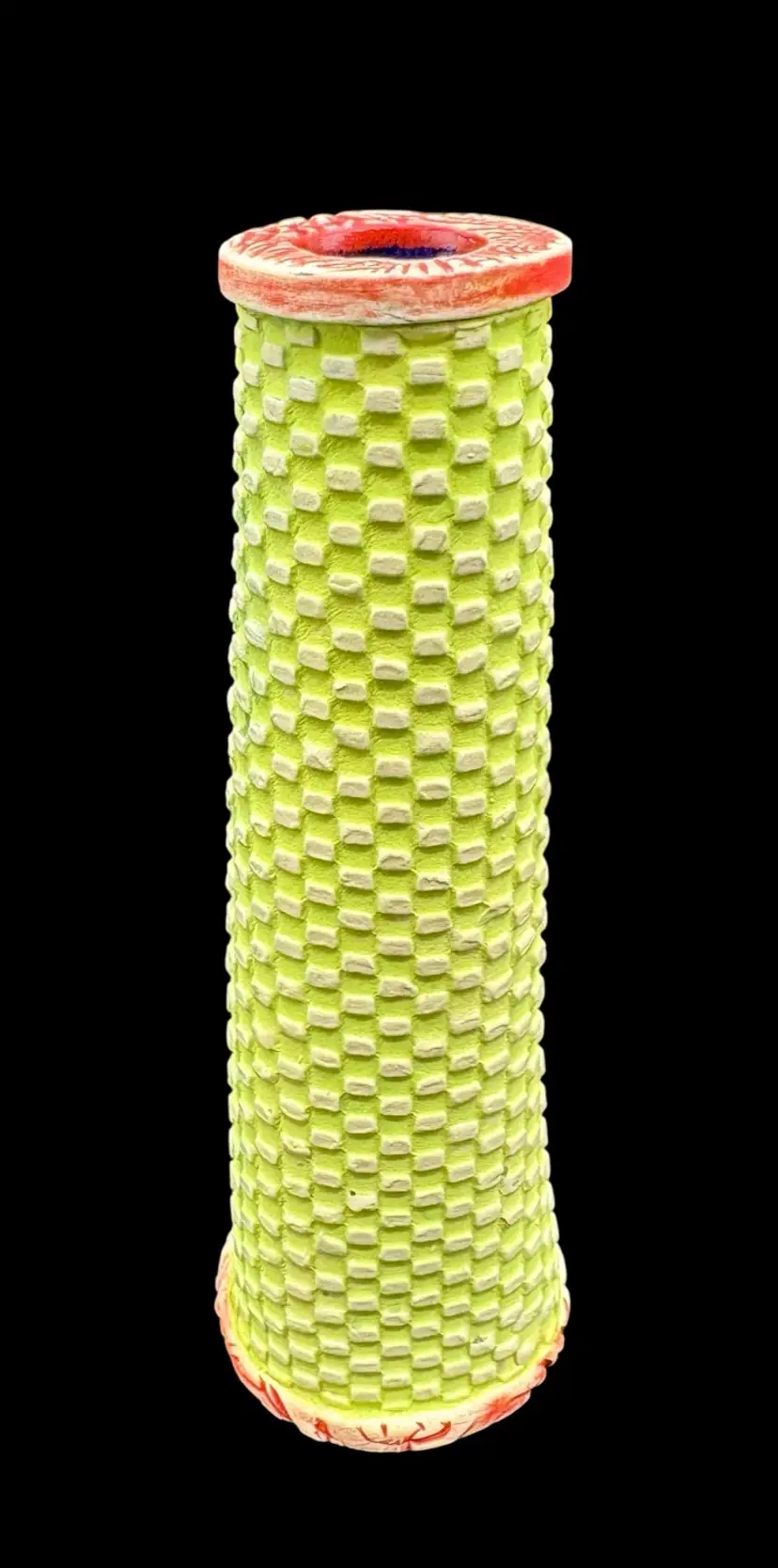 Handmade Studio Art Pottery Bud Vase Lime Green Red Blue Matte Textured 6.5”