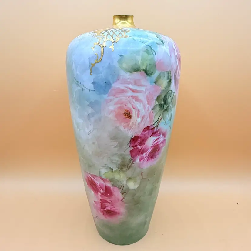 Antique Rosenthal Germany Porcelain Roses In Bloom Vase 11”