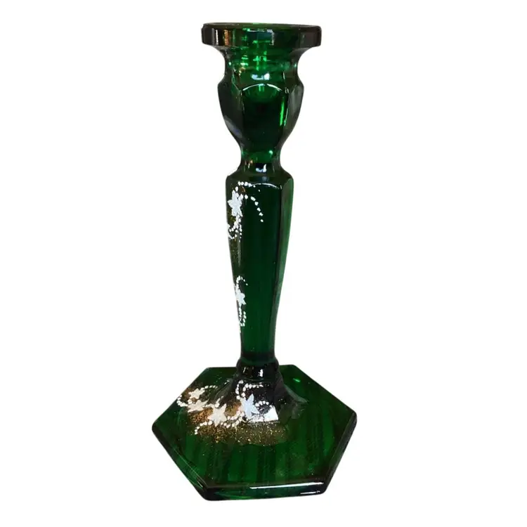 3194- Vintage Fenton Candle Holder, Green Glass, Hand Painted, Signed