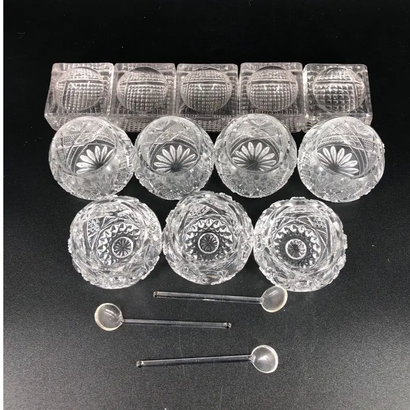 Set of 12 Vintage Crystal & Glass Salt Cellars with 3 Spoons