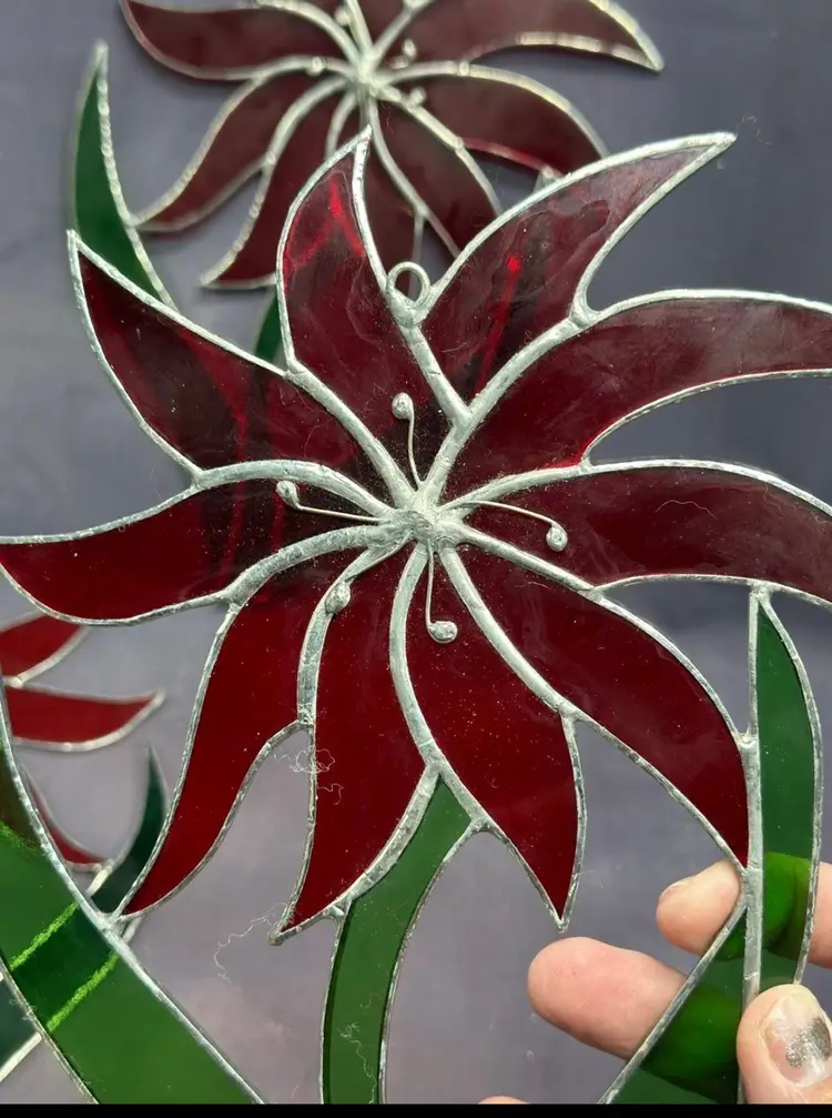 Vintage Poinsettia 3 Christmas Leaded Stained Glass Hanging Suncatchers Window #christmas