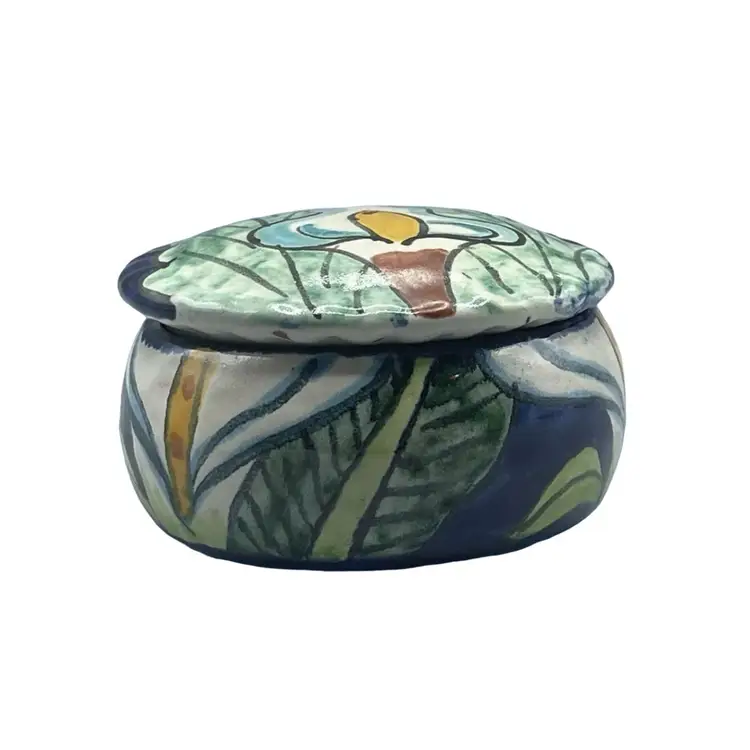 Mexican Talavera Jewelry Trinket Box Pottery Folk Art Blue Calla Lily with Lid